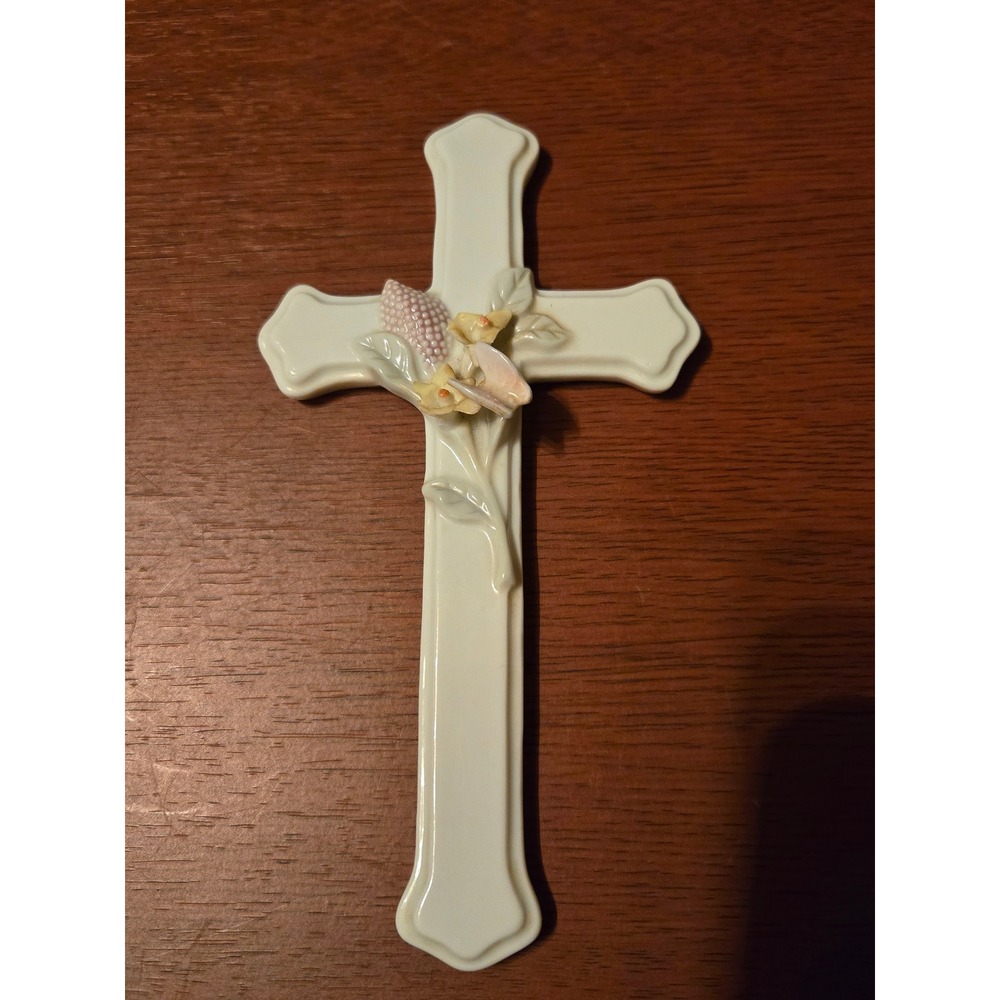 Ceramic Floral Wall Cross Cream Glazed Porcelain Religious Home Decor 3D Flowers
